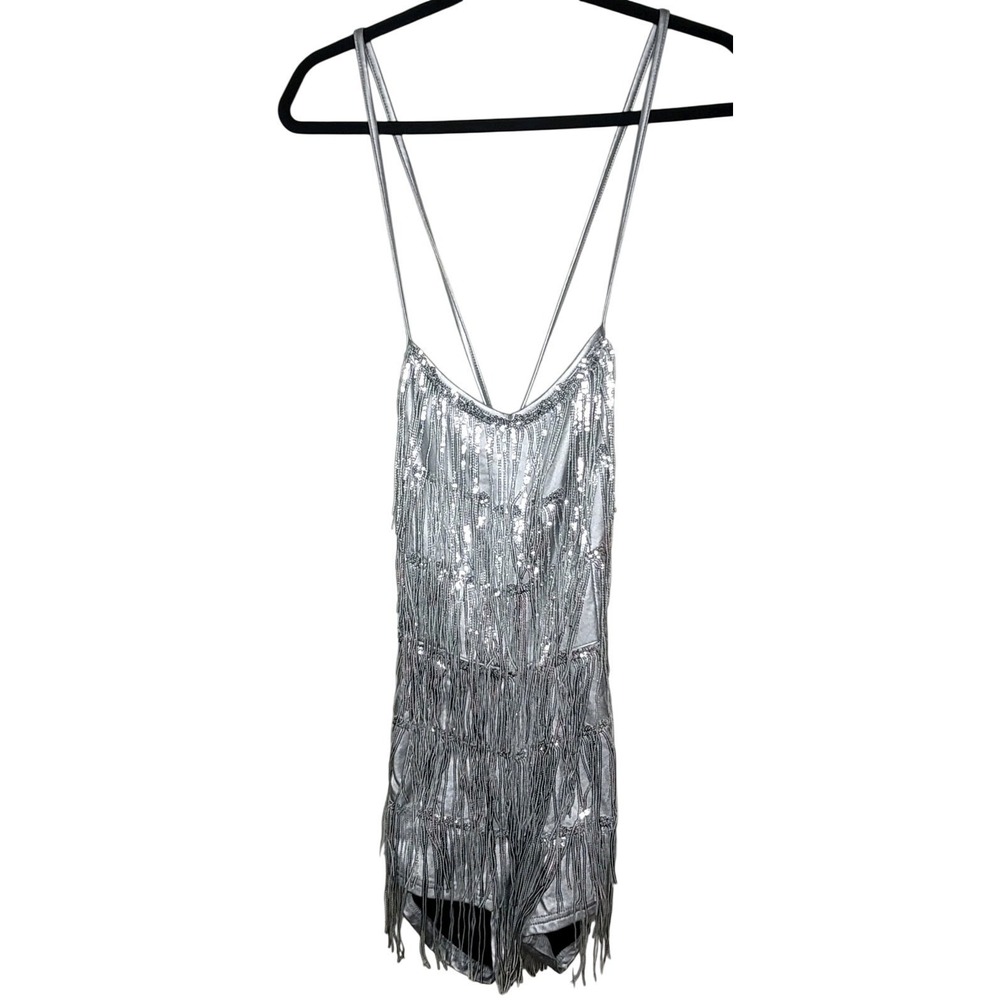 Silver Fringe Lace-Up Back Romper Women's Sz M Vegas Party Go-Go Burlesque Eras